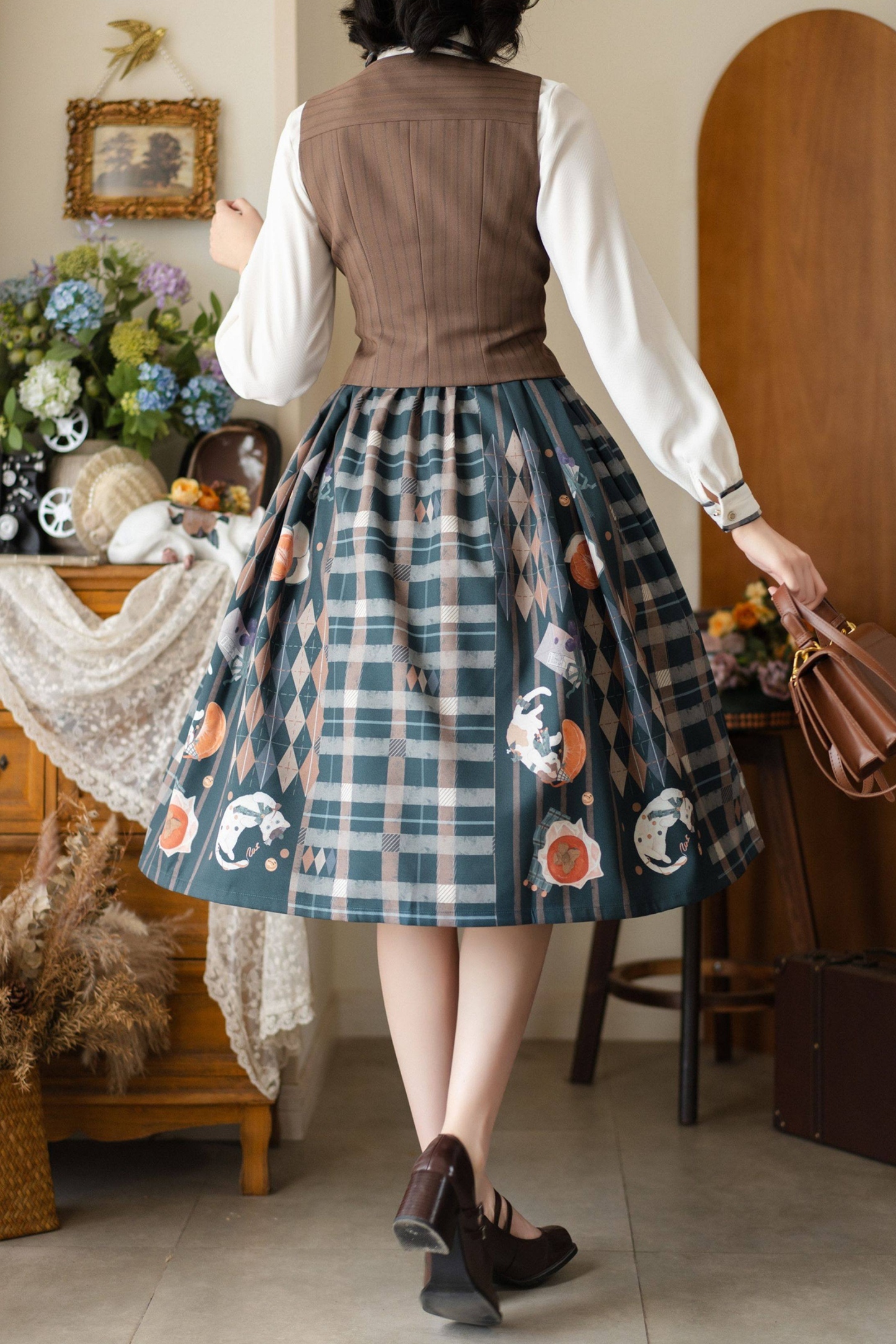 Retro Classic Forest Academy Shirt + Vest + Check Skirt