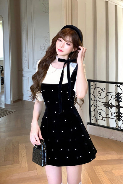 Black Velvet Pearl Line Dress