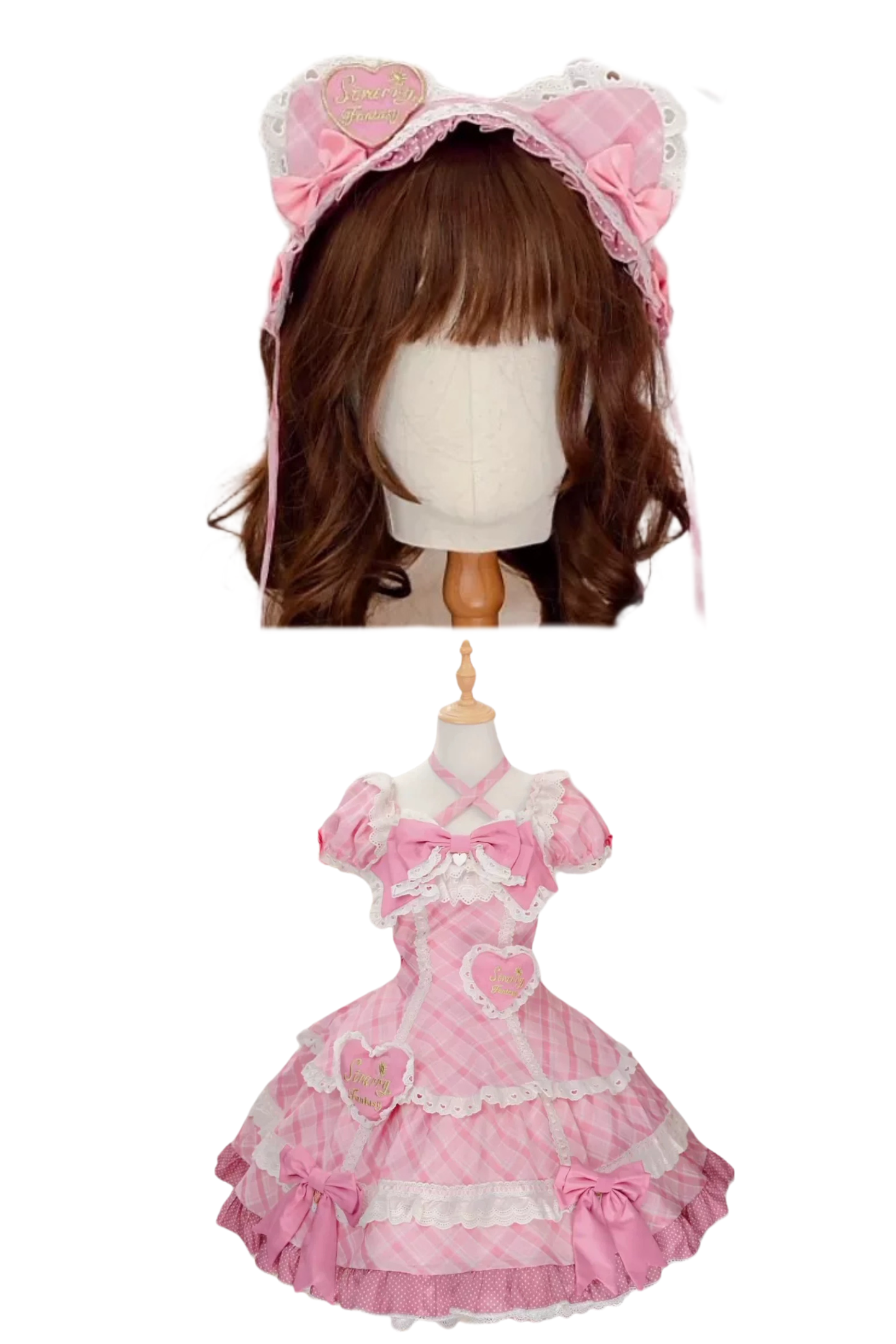 Check Sweet Girly Lolita Tiered Dress + Headband + Hairband