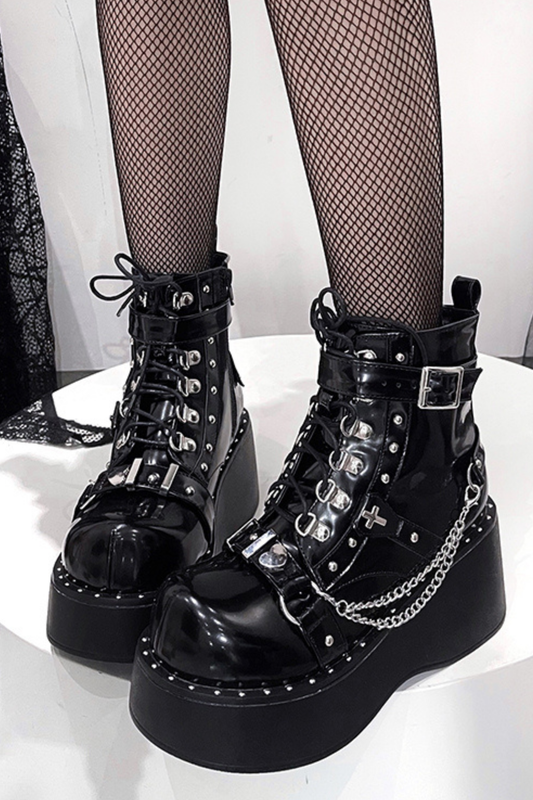 ダークパンクバックルプラットブーツ