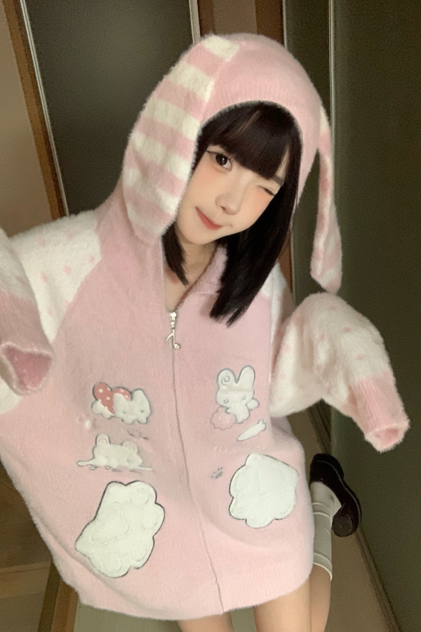 ボーダードットラビットフードニットパーカー