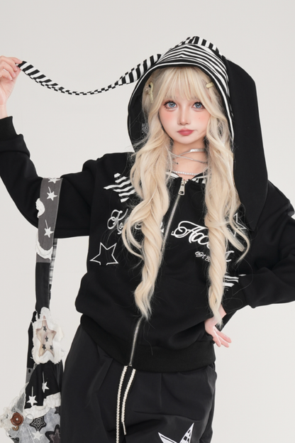 Y2K Rabbit Ear Striped Hooded Hoodie