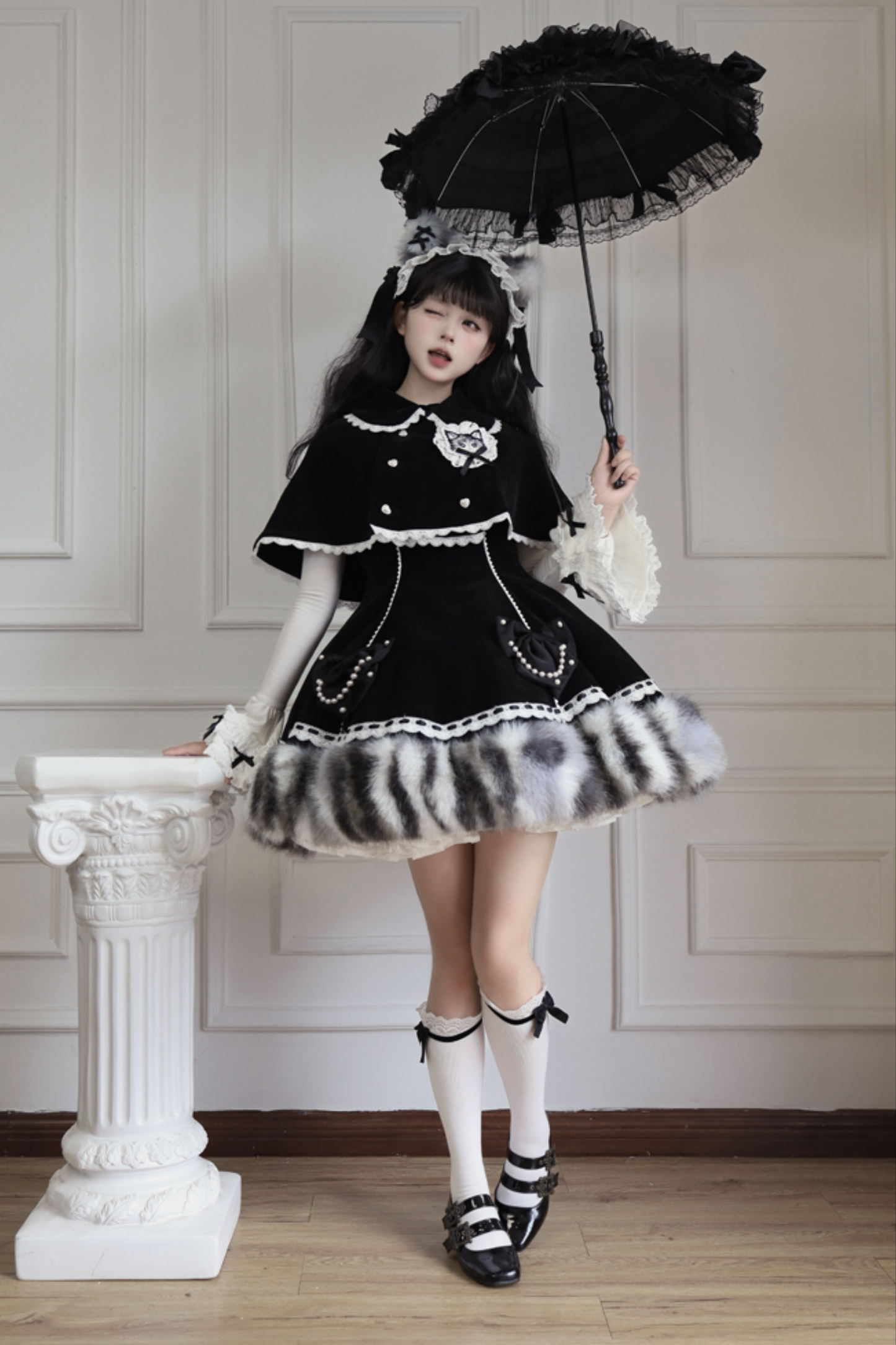 Cat Fleece Lolita Cape + Snow Lolita Dress + Flared Sleeve Top