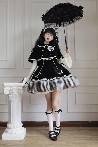 Cat Fleece Lolita Cape + Snow Lolita Dress + Flared Sleeve Top