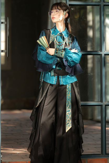 Ruan china top + vest + wide-leg pants + necklace