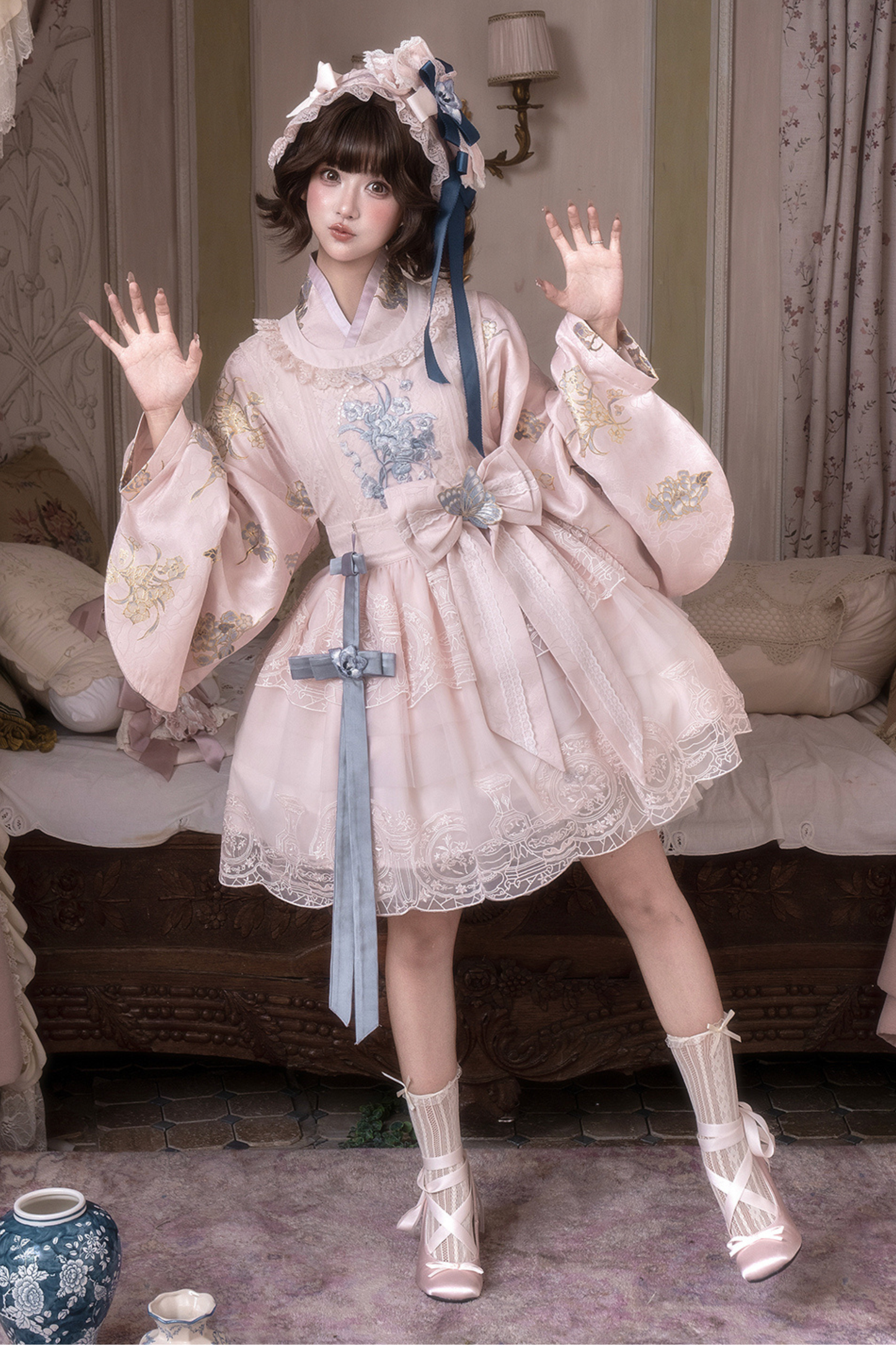 アップクロスカラージャケット+ショートジャケット+ドレス+ヘアバンド+リボン