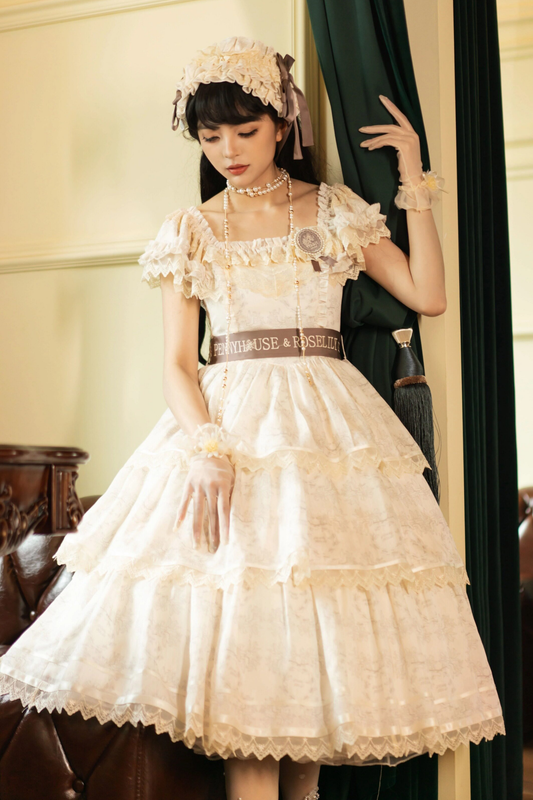 フレンチエレガンスフローラルロリータドレス+バッジ+ヘアバンド+カチューシャ