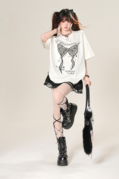 レースリボンルーズ地雷トップス