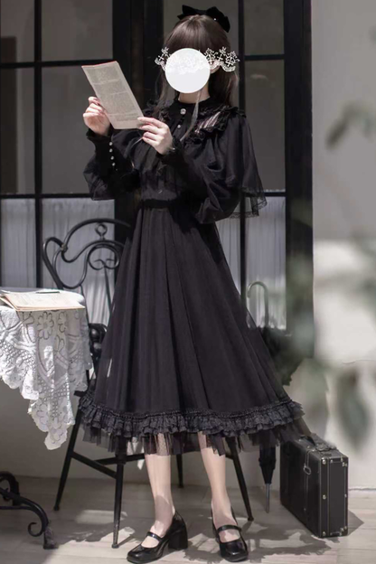 ダークエレガントブラックドットガーゼショールドレス