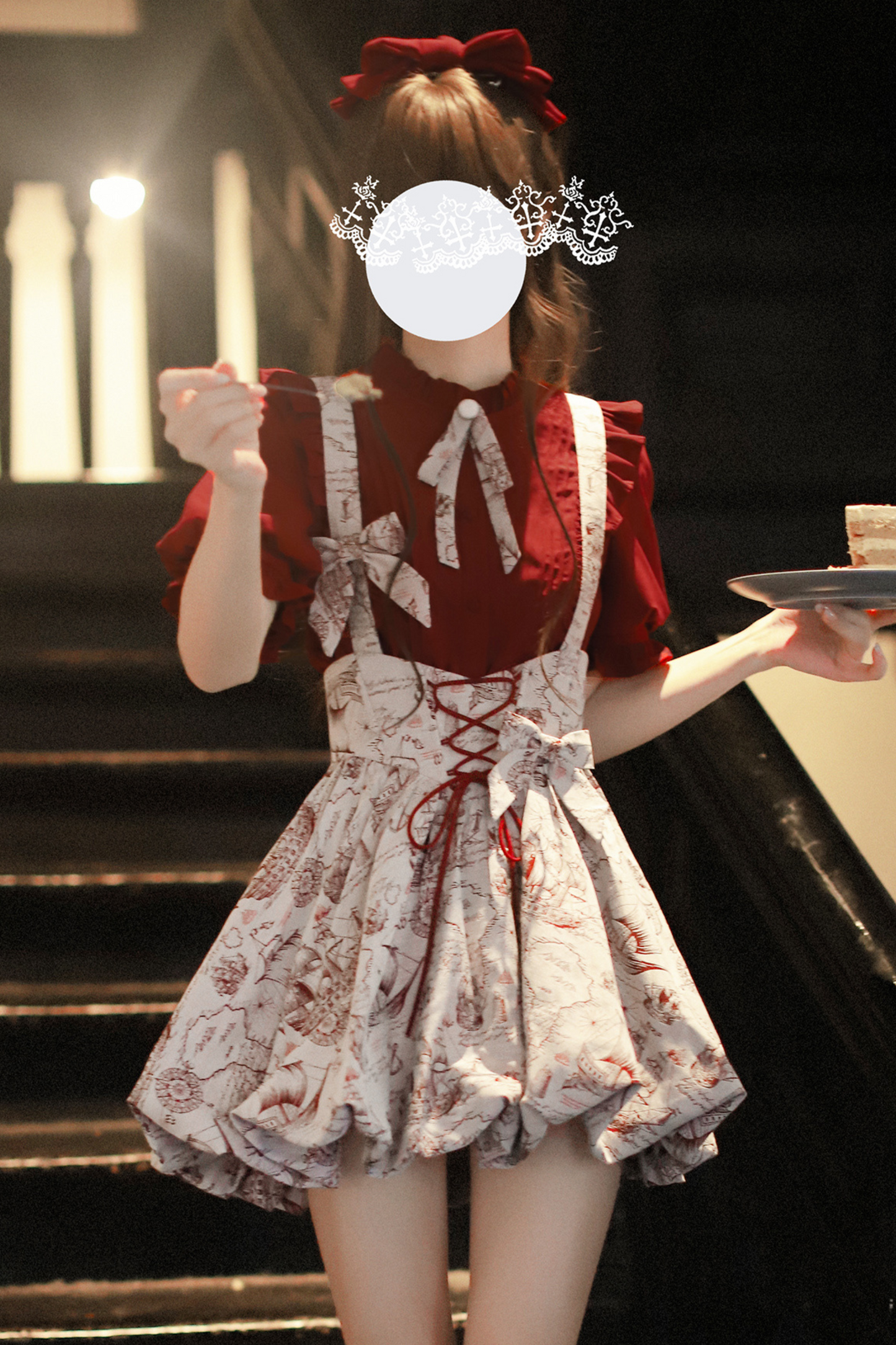 (Pre-order item) Wine Red Puff Sleeve Shirt + Balloon Jumperskirt