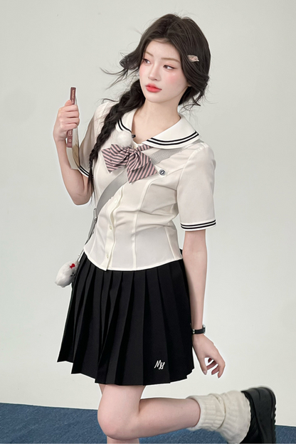 ドールカラートップス＋プリーツスカート＋リボン