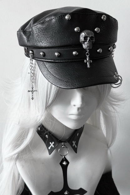 Dark Riveted Y2K Leather Buckle Subculture Cap