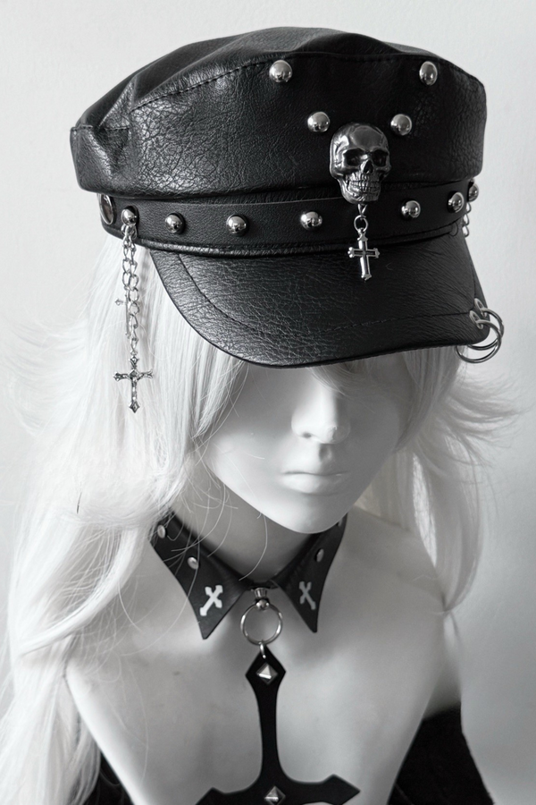 Dark Riveted Y2K Leather Buckle Subculture Cap