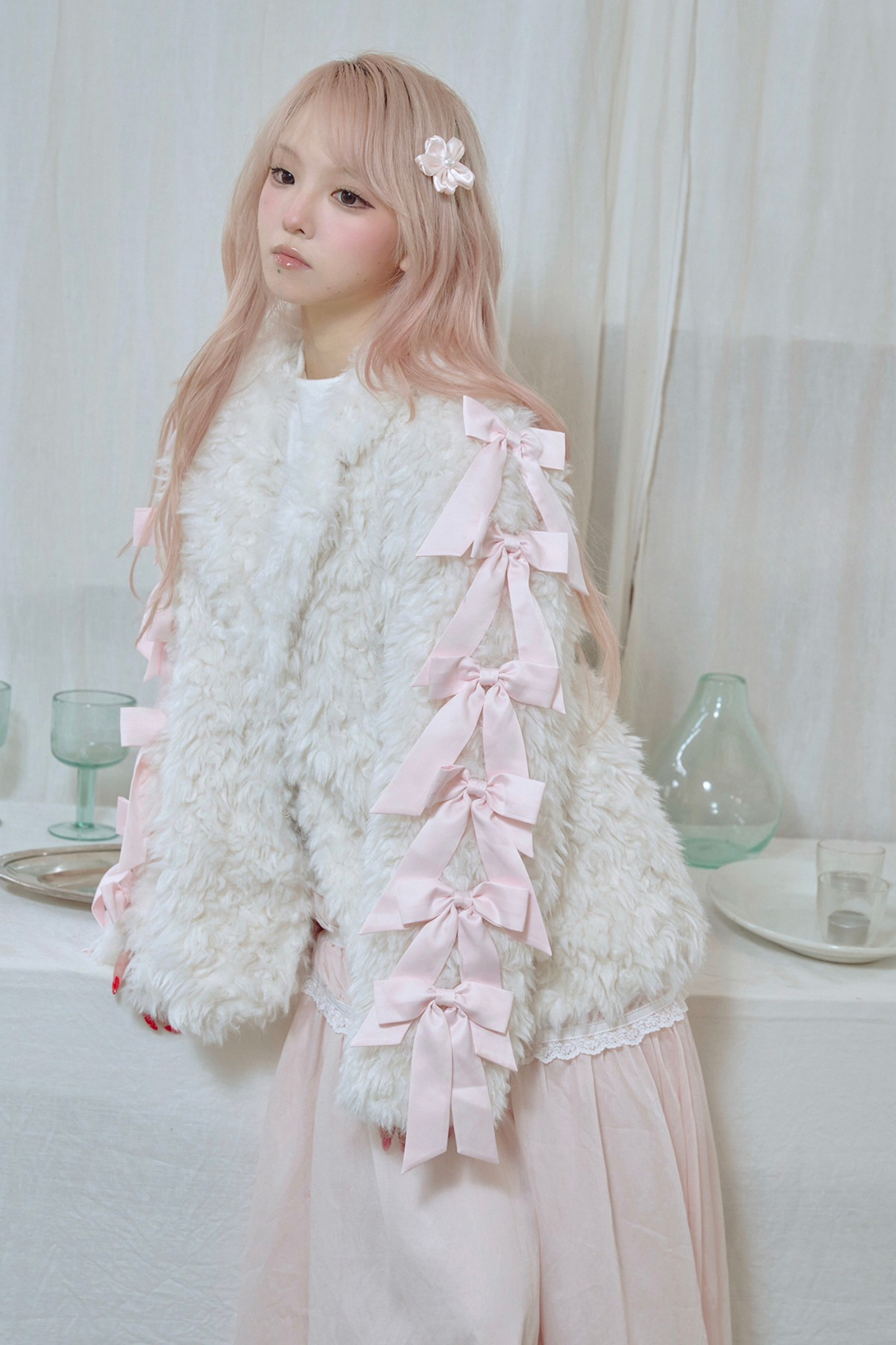 Satin ribbon fur coat