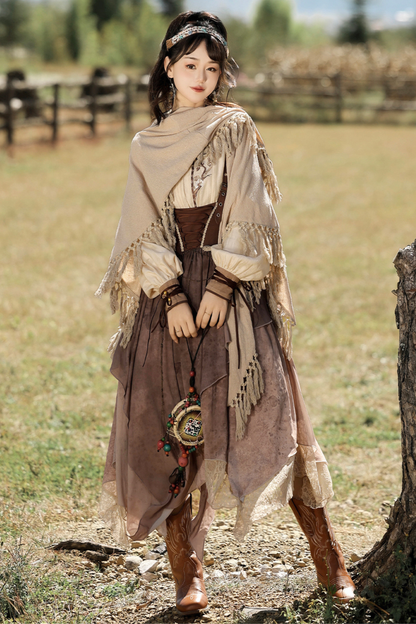 サンセット民族フードケープ+サスペンダースカート+トップス