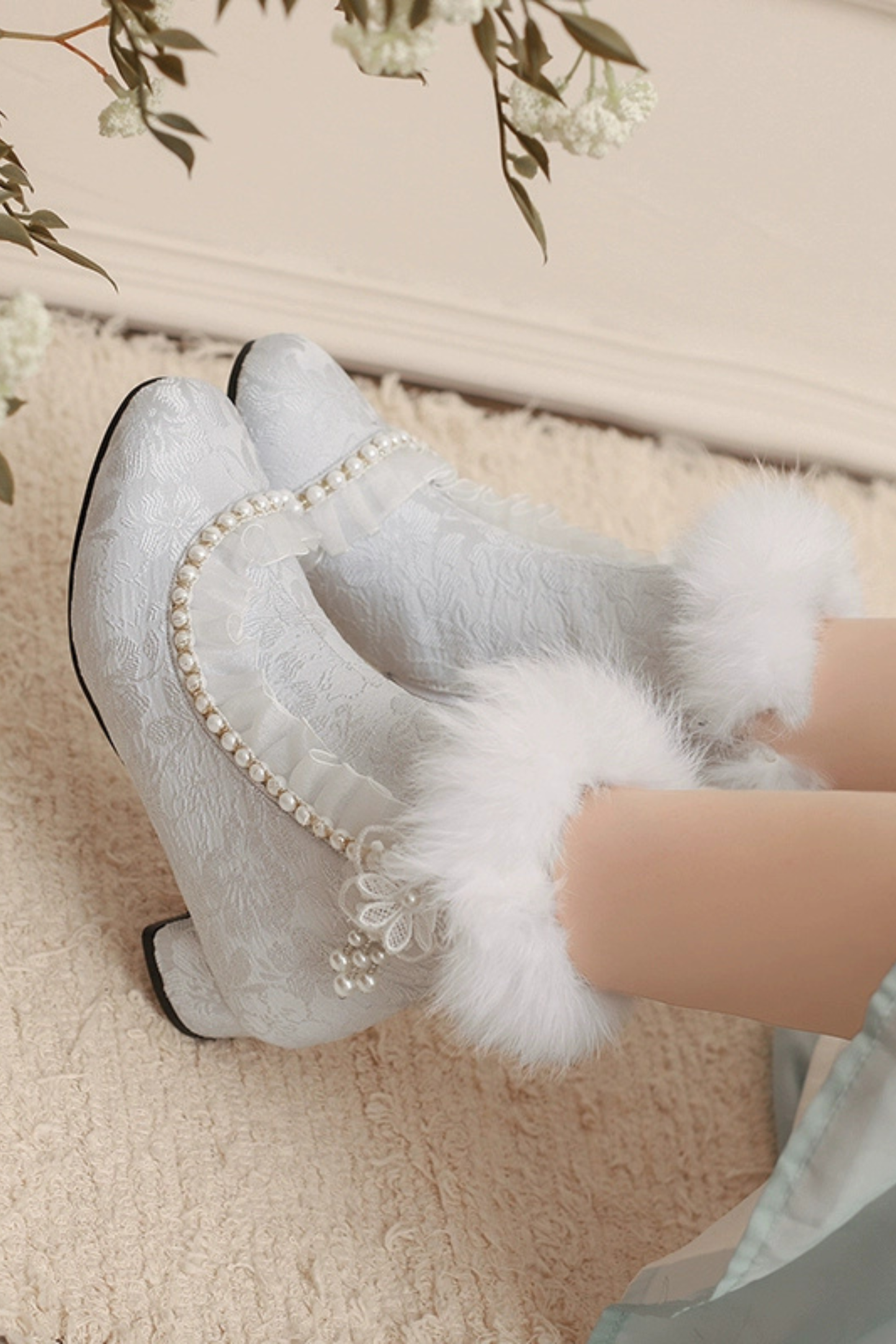 レースファーエレガントショートブーツ