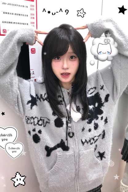 Cat Ear Hood Loose Zip Cardigan