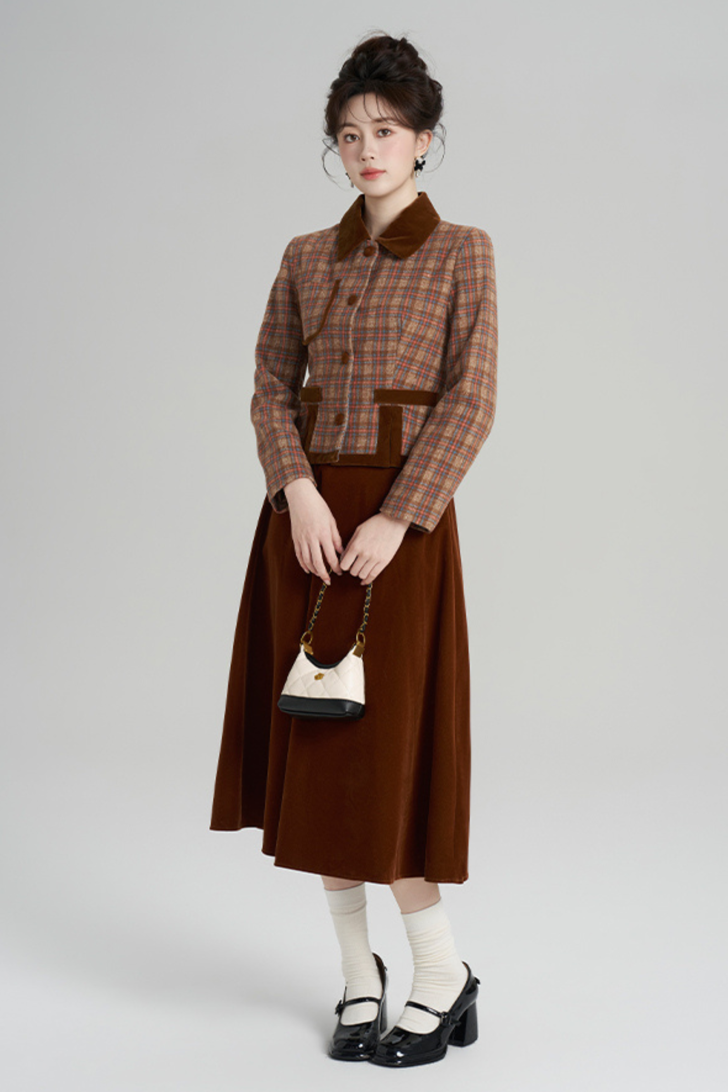 チェックジャケット+レトロプラッドベルベットスカート