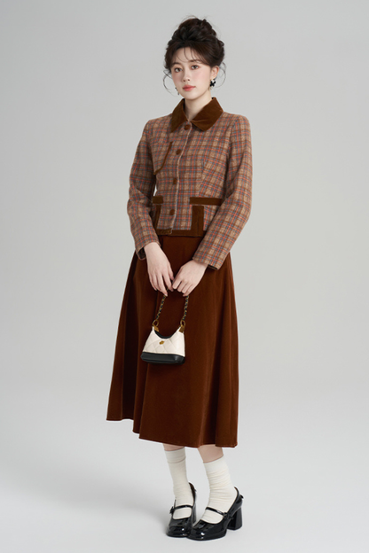 チェックジャケット+レトロプラッドベルベットスカート