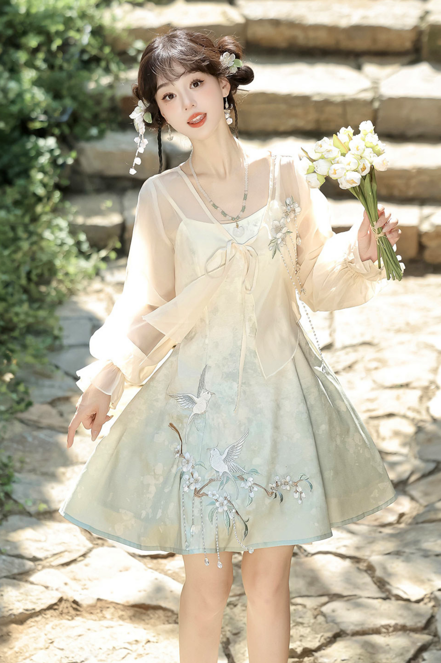 China Gradient Flower Retro Dress + Sheer Cardigan