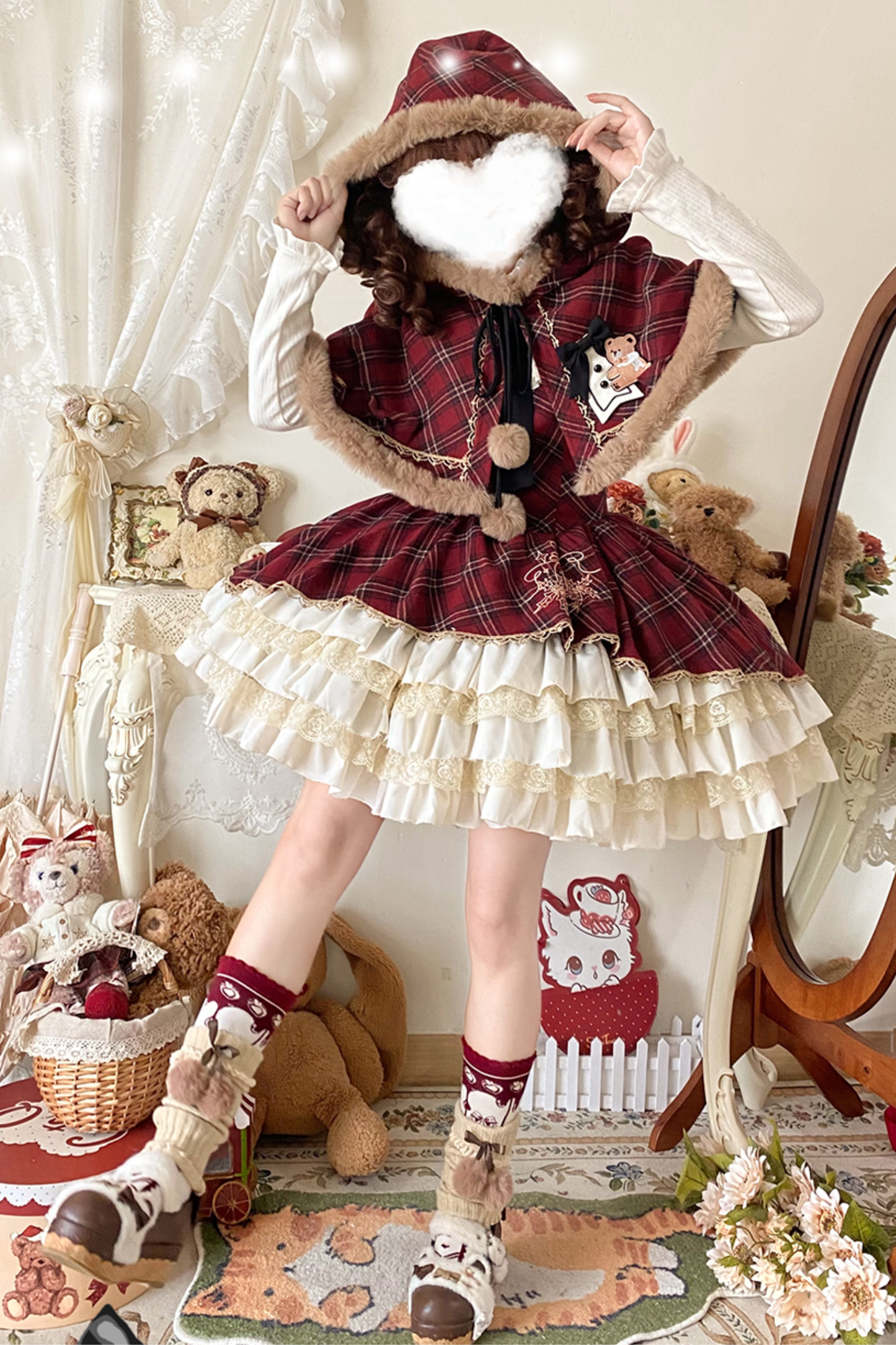 [Pre-order item] Check Lolita JSK + Hooded Cloak + Knit + Bear Catsuit