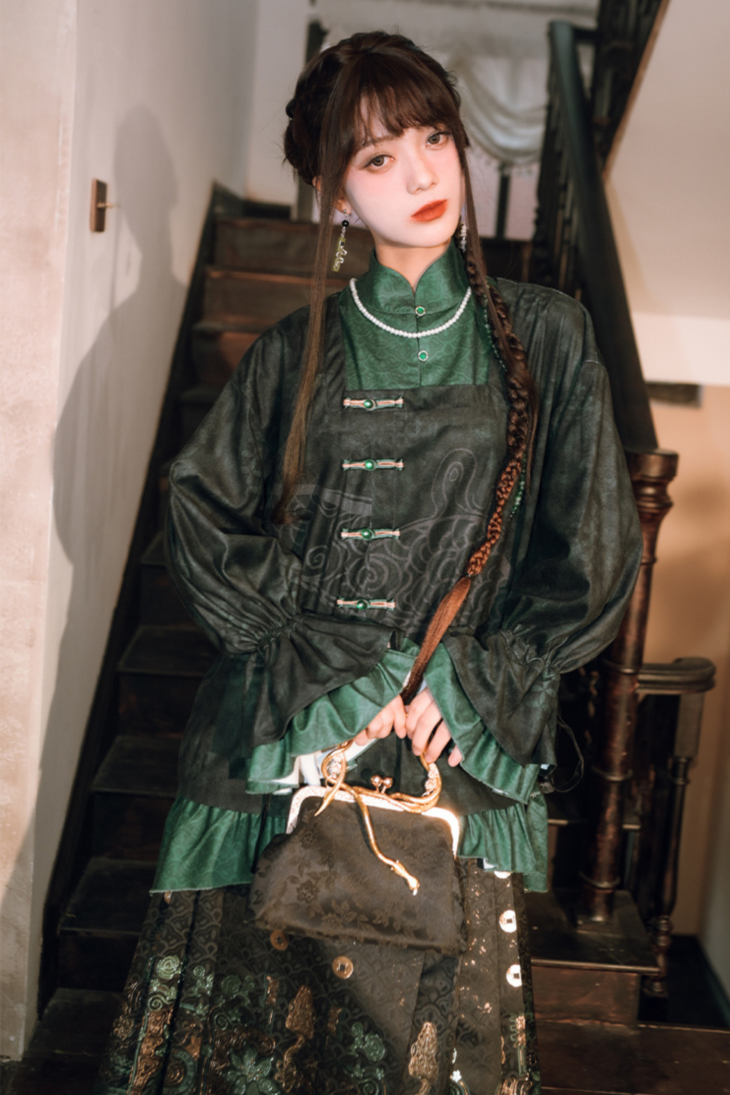 Dark China Flared Sleeve Top