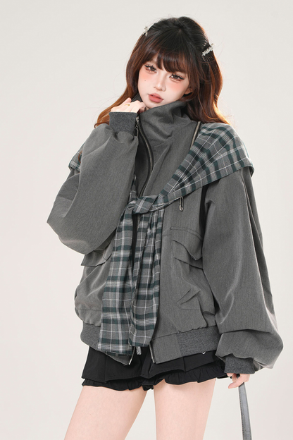 モードチェックフードジャケット