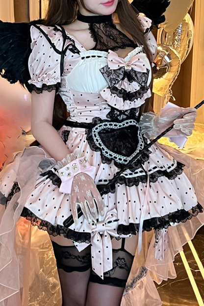 スイートリトルドットメイドロリータドレス+エプロン+ヘッドアクセサリー+ベール