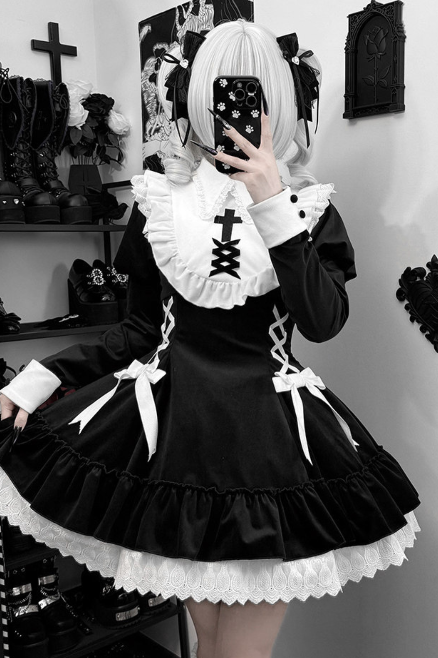 Lace-up ribbon Lolita dress + brooch + hair clip