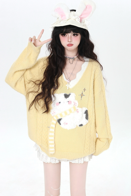 Vネックルーズキャットニット