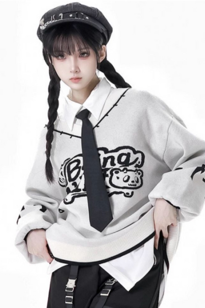 猫耳フードトップス+ルーズニットセーター+カーゴパンツ+ストラップスカート