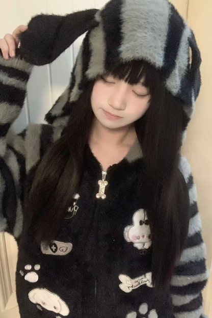 Rabbit Striped Hooded Cardigan