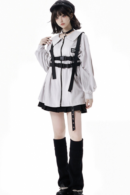 Neutral hooded jacket + coat + top + pants + straps