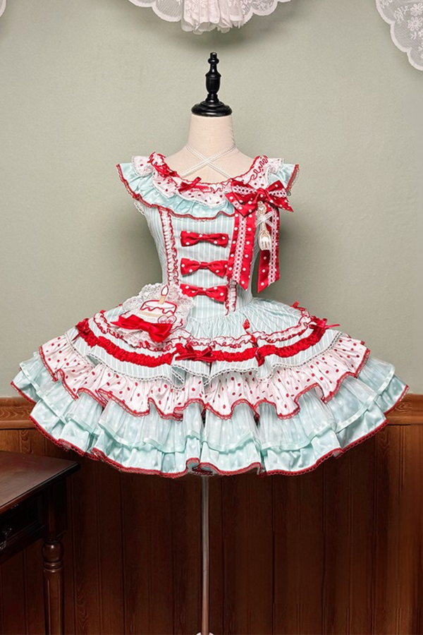 [Pre-order Deadline: September 27] Twin Tiered Lolita Dot Ribbon Striped Dress + Flower Bud Skirt Dress
