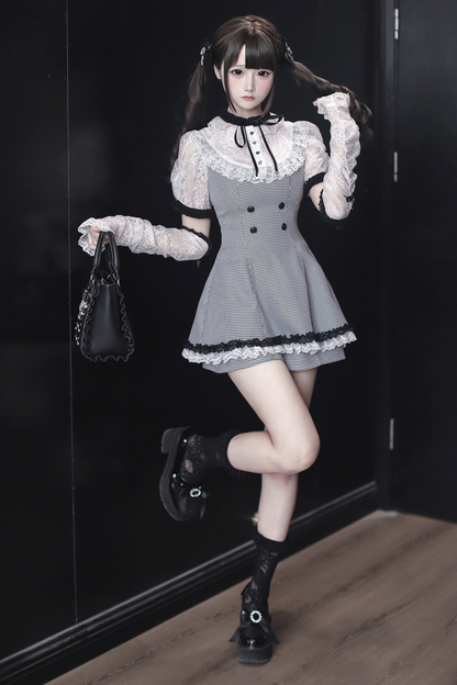 [3월 15일 예약마감] 깅엄 체크 다크 스위트 레이스 원피스 + 반바지