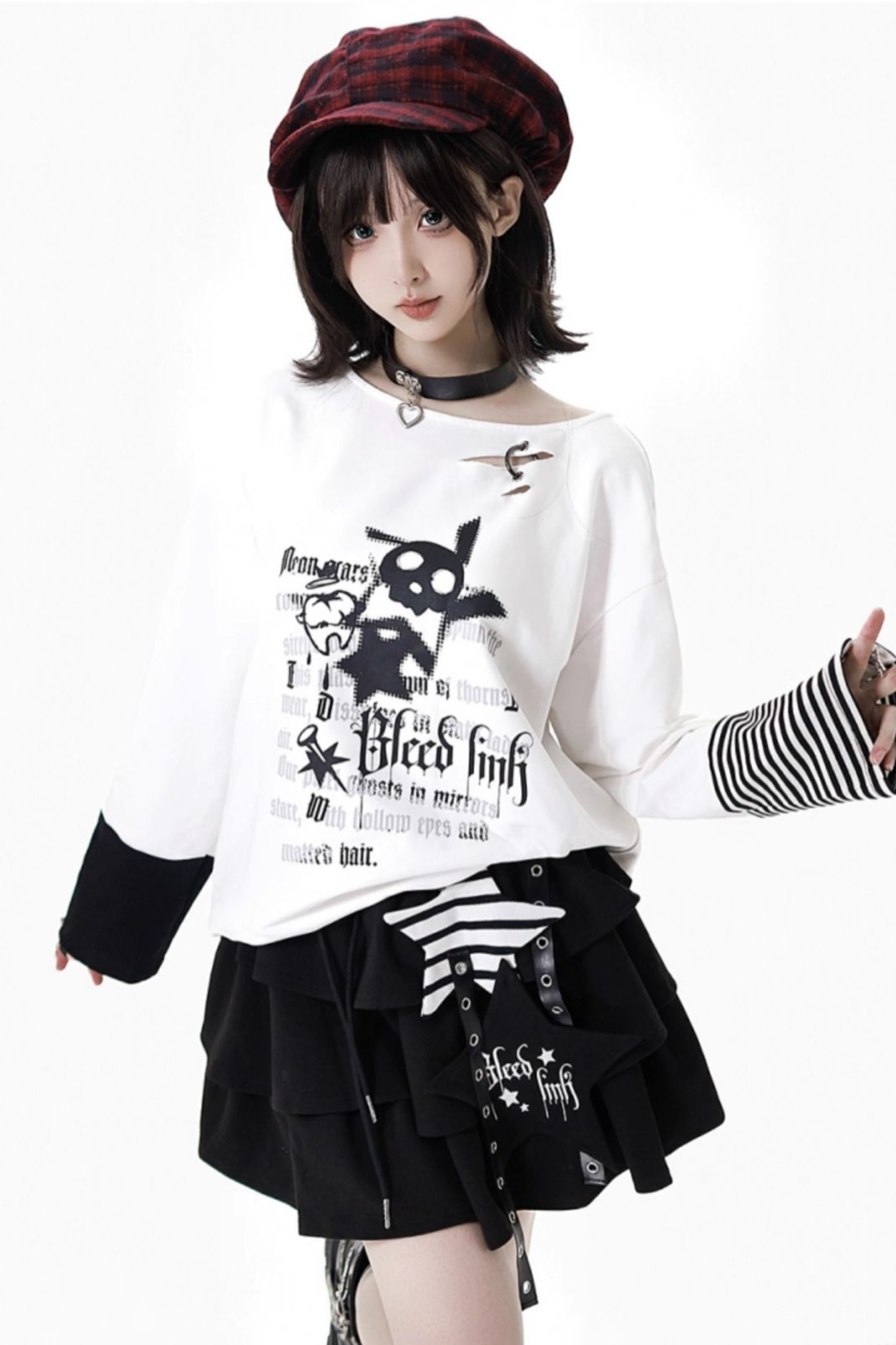 ストライプロックプリントフードジャケット+トップス+ロングパンツ+スカート