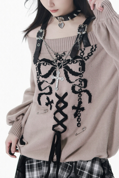 One-Shoulder Ribbon Top + Checked Asymmetrical Skirt