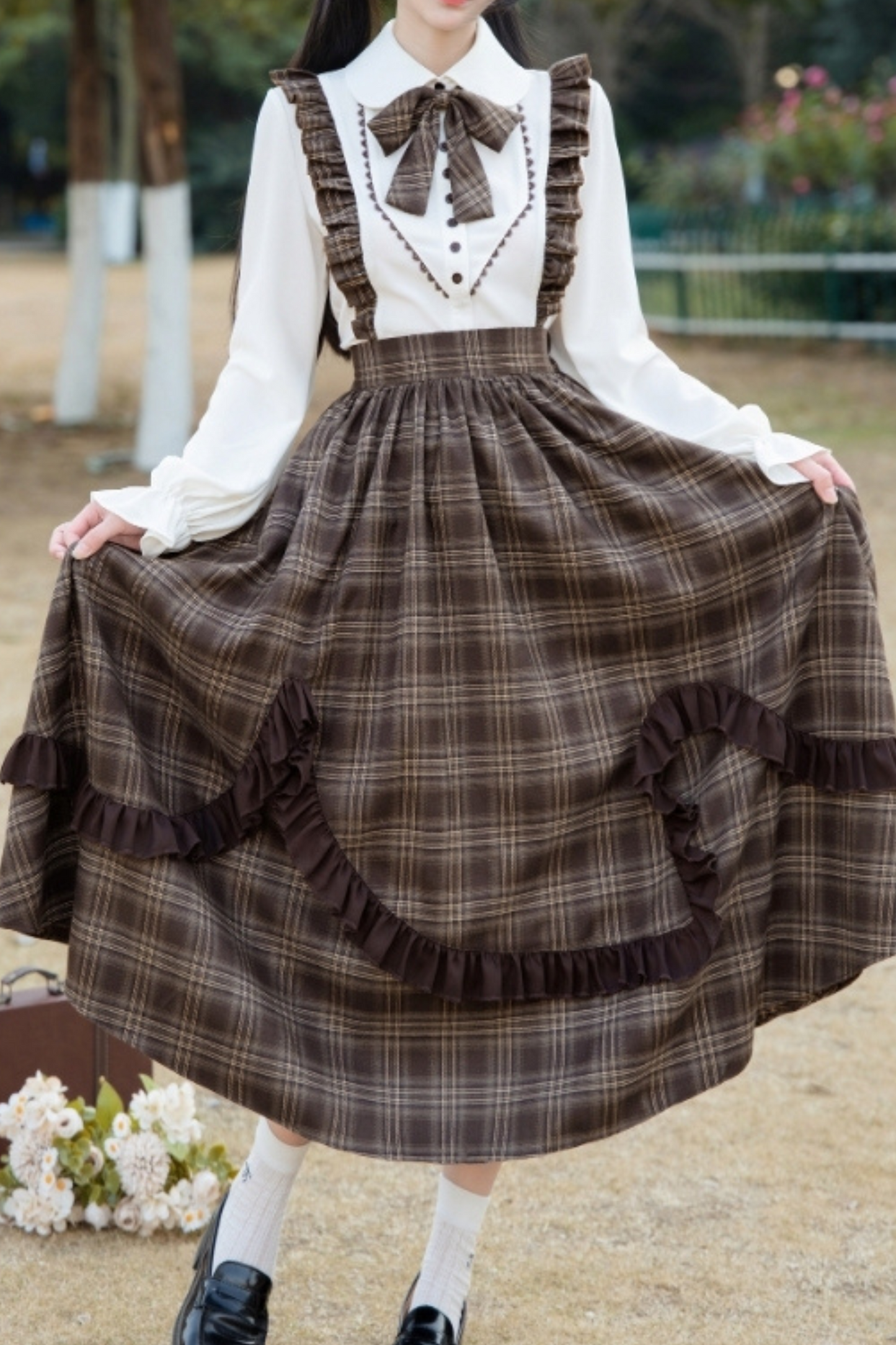 Elegant Check Suspender Skirt + Retro Blouse