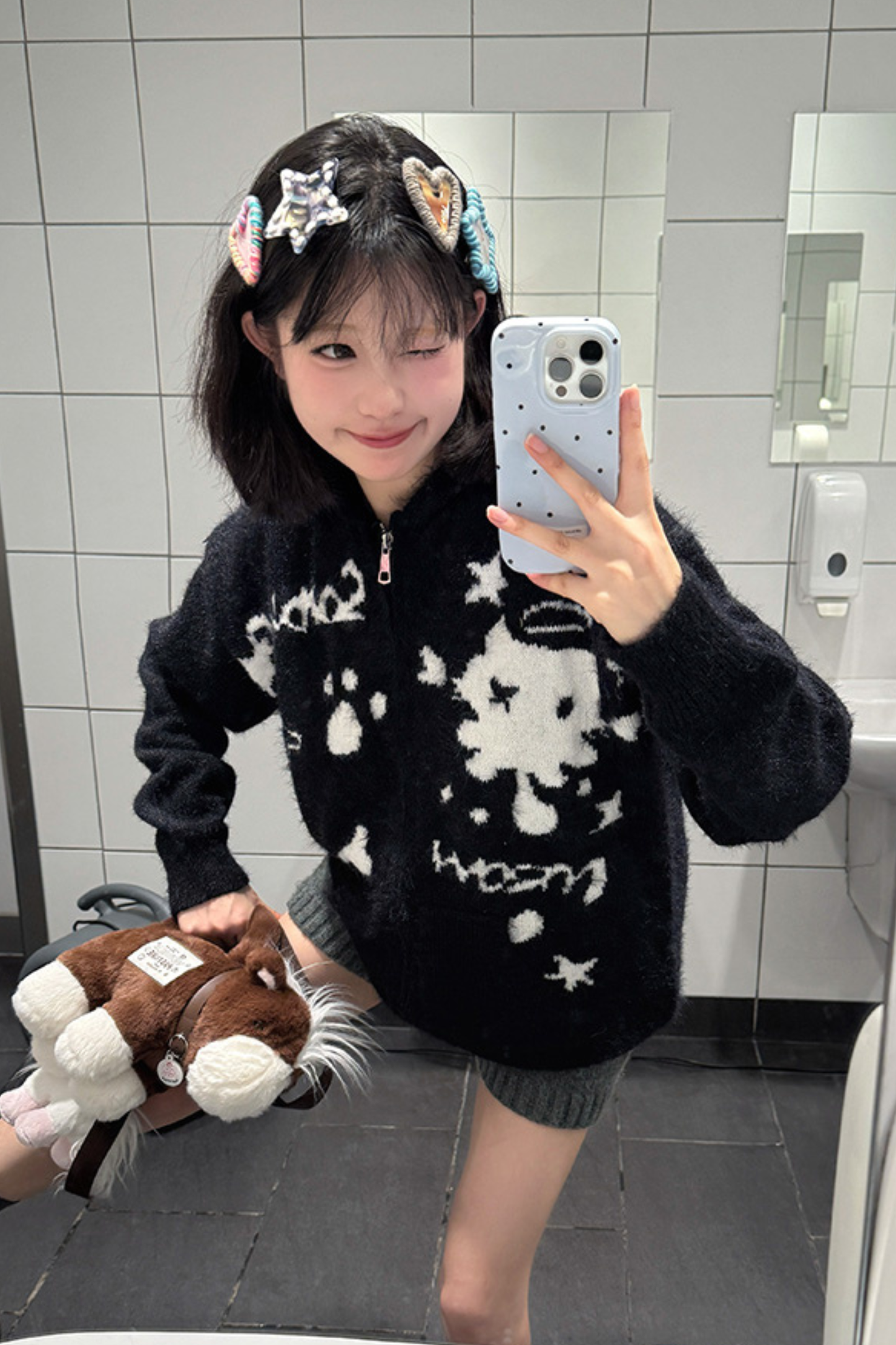 キャットデザインフードニットカーディガン