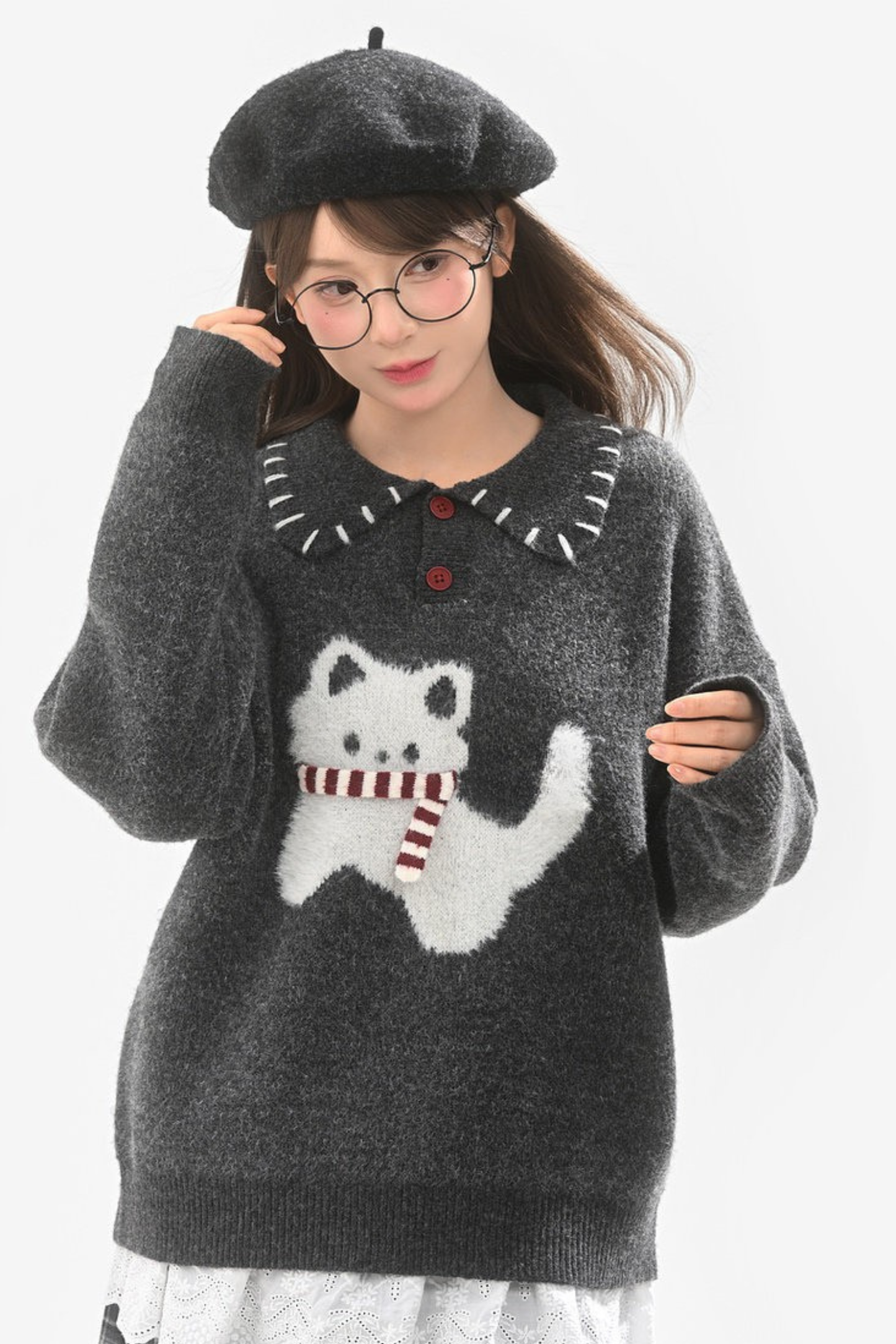 キャットニットセーター+スノーフレークカーディガン