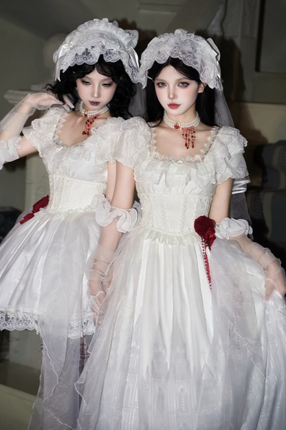 ゴシックツインズロリータドレス＋ハンドスリーブ＋ネックレス＋ヘッドバンド＋ベール＋コルセット＋取り外し可能カーテン＋コサージュ