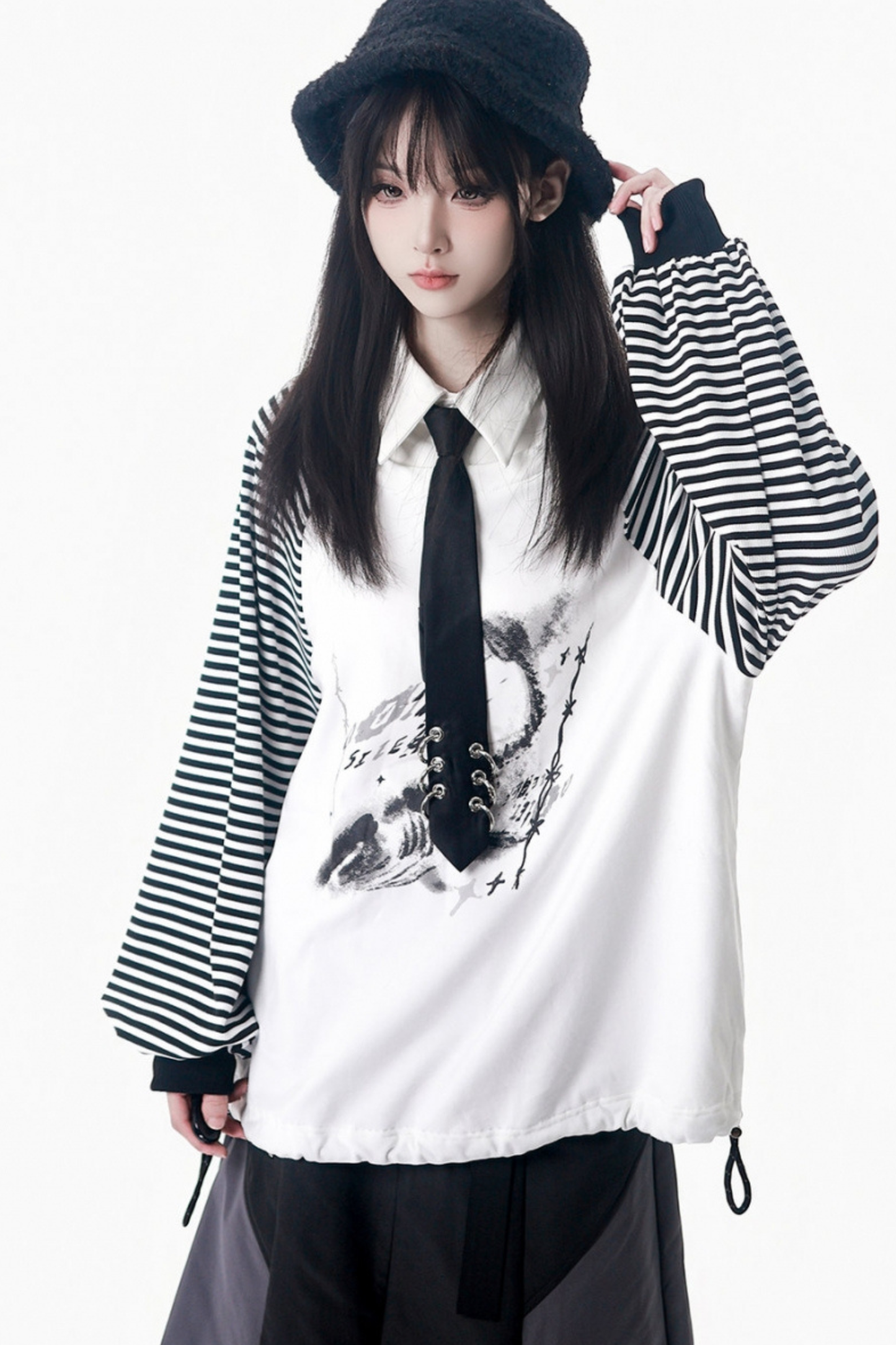 Dark gray color blocking jacket + pants + skirt + top