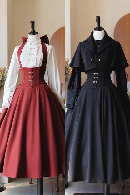 【予約商品】レトロエレガントクラシックホルターリボンスカート＋フリルシャツ＋ショートジャケット