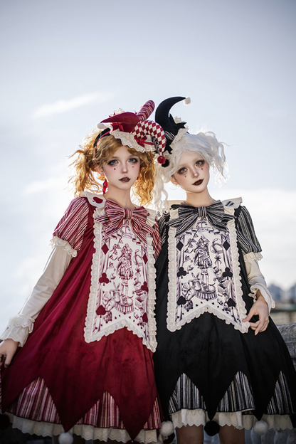 ドールサーカスピエロロリータドレス+カチューシャ+ベルト+リボン+カチューシャ+バッフル