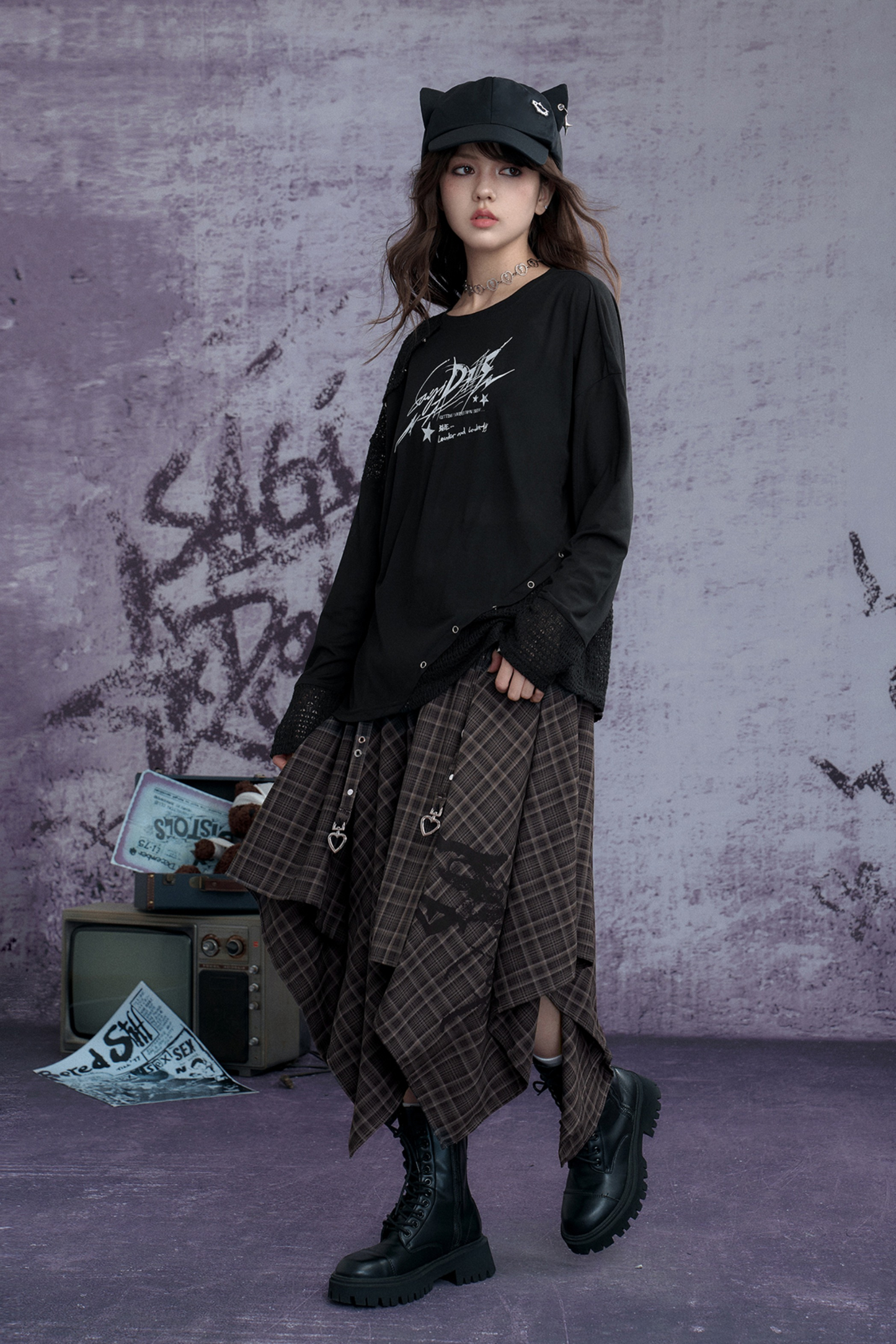 ナイトモードアシメチェックスカート