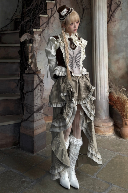 스트라이프 레이스 티어드 스커트