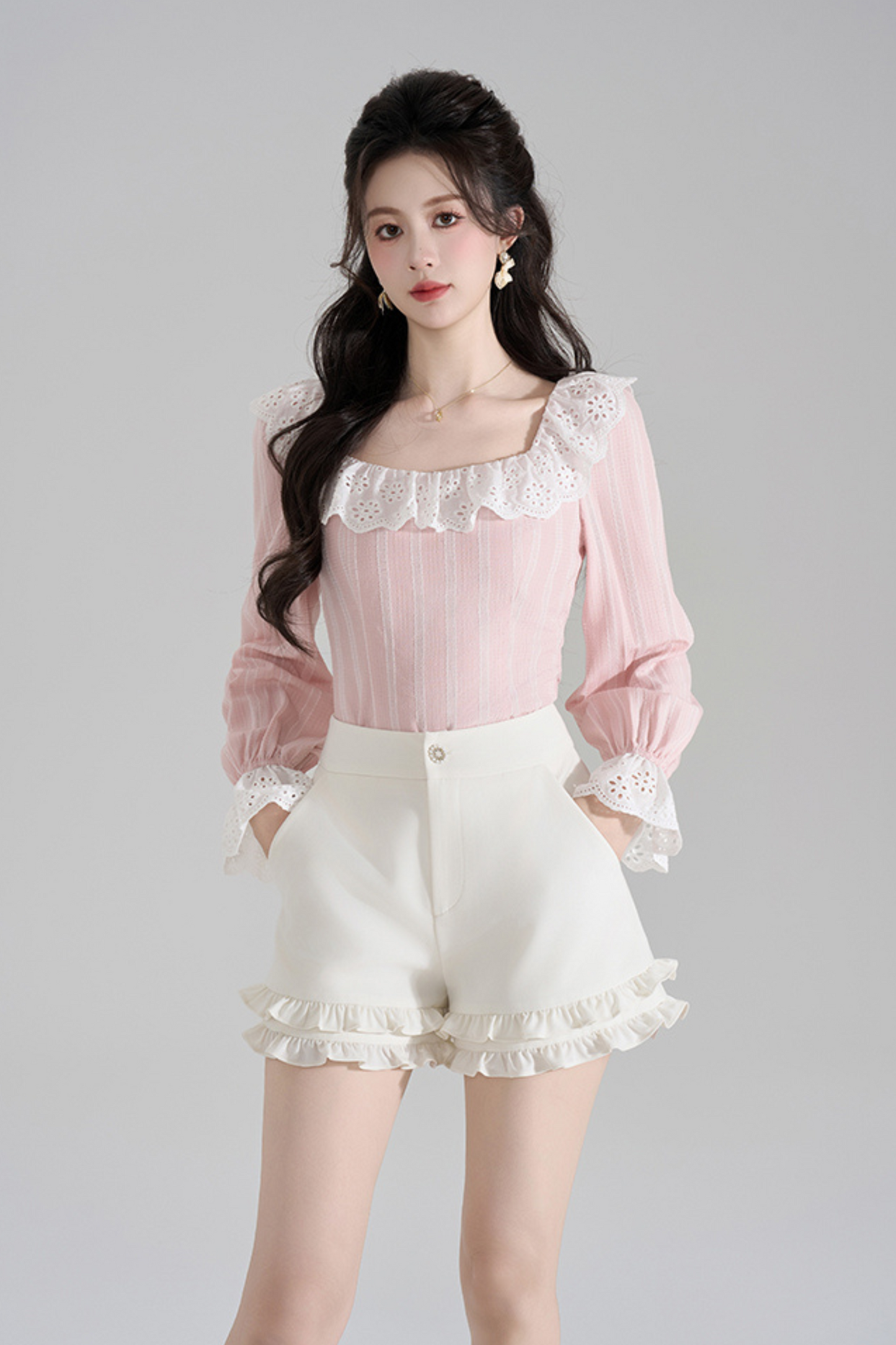 Pink Striped Lace Trim Blouse + Ruffled Shorts