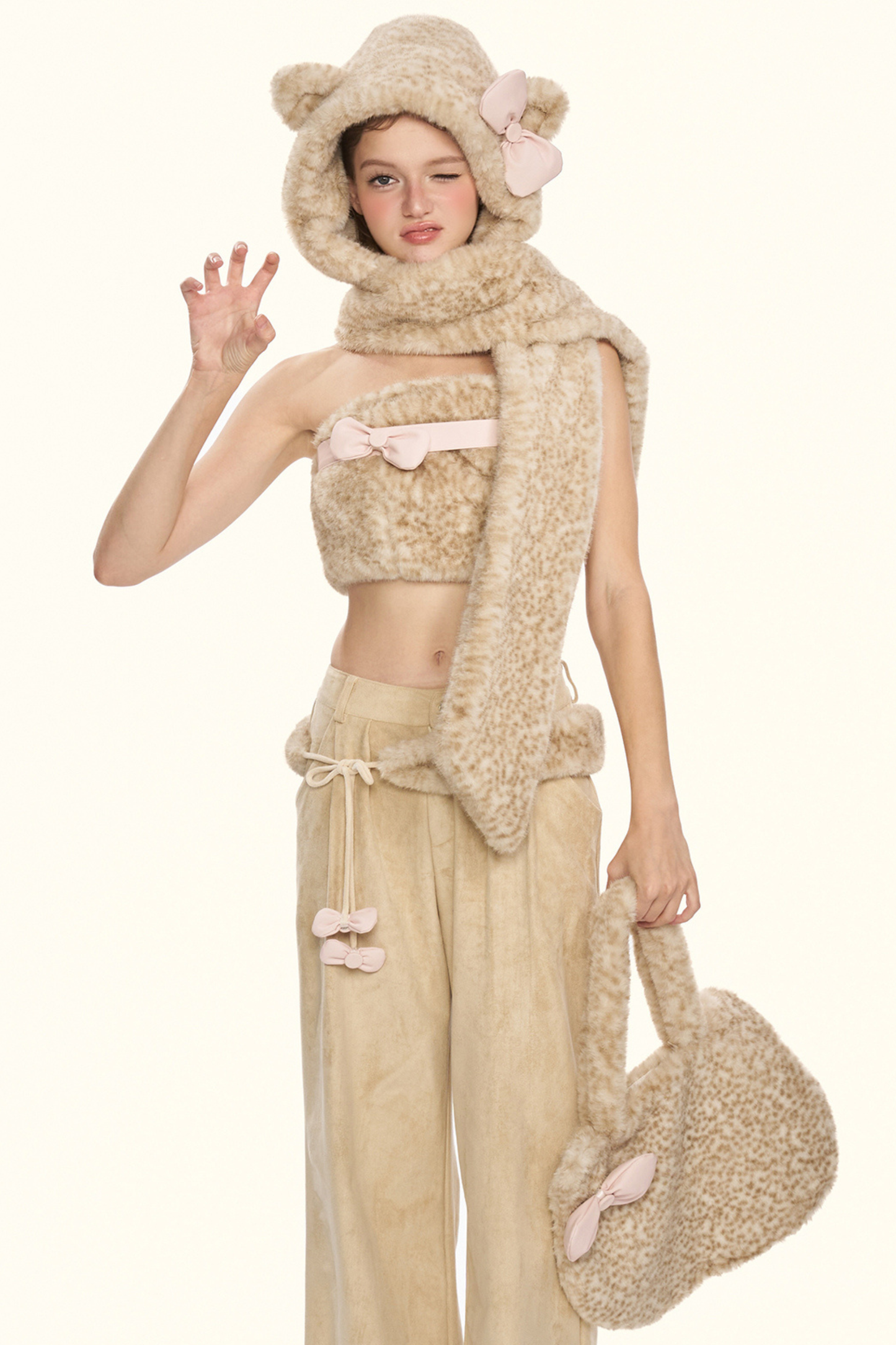 リトルミルクレオパードトップス+パンツ+ハット+ベルト