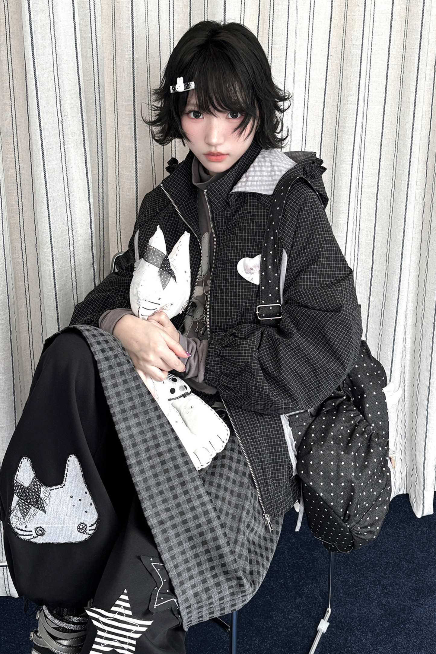 Animal Doll Print Top + Pleated Skirt + Wide Pants + Jacket