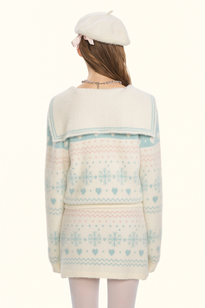 Snowflake sailor collar knit + tight skirt